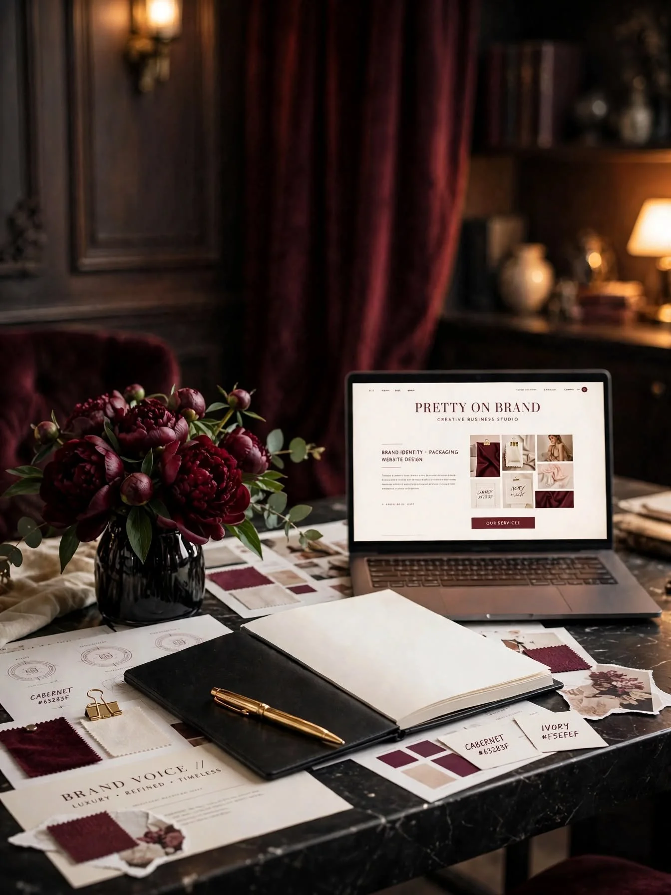 Luxury branding workspace with laptop, burgundy peony bouquet, brand mood boards, fabric swatches, notebook, and gold pen
