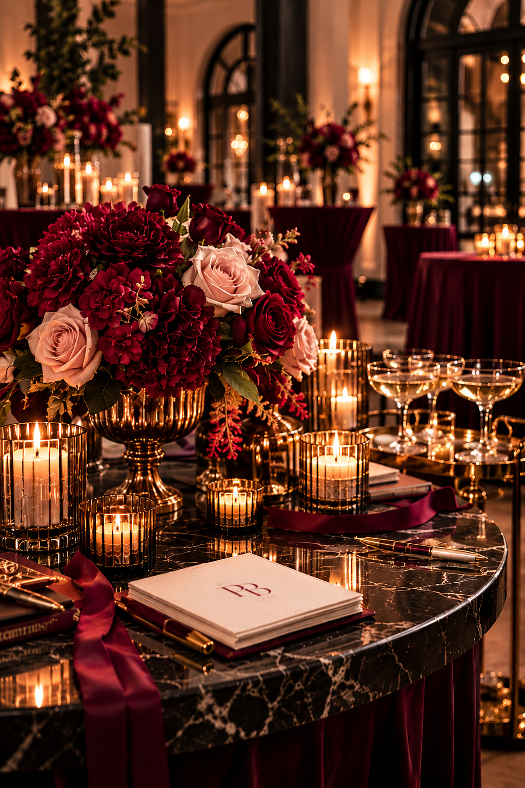 Elegant burgundy and blush floral wedding reception table with candles, champagne glasses, gold place settings, and a marble tabletop