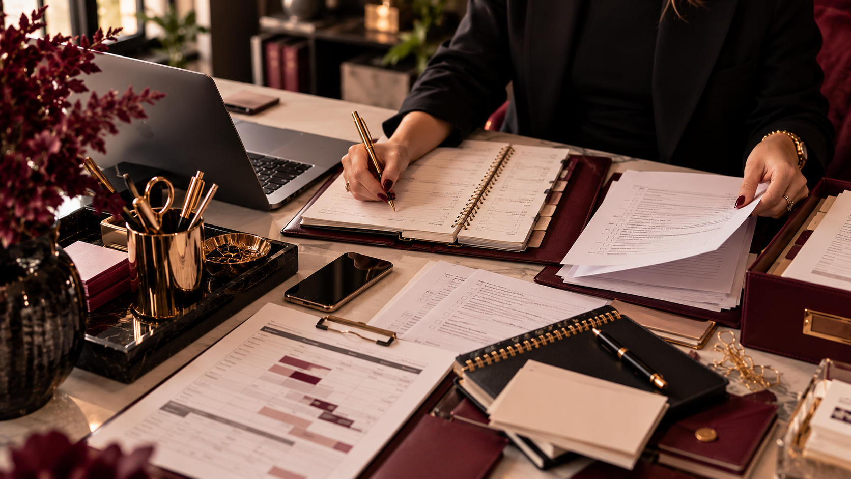 Professional working at an organized desk with laptop, planner, paperwork, smartphone, and office supplies