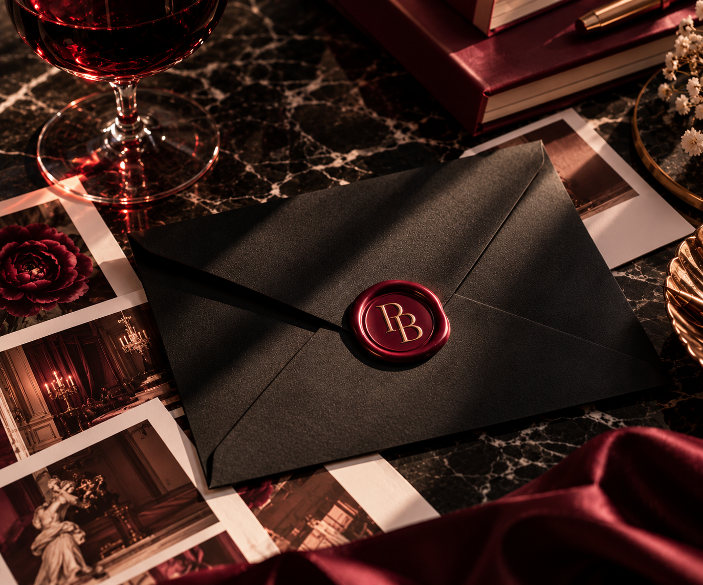 Elegant black envelope sealed with a red wax monogram on a dark marble table, surrounded by red wine, books, photographs, flowers, and velvet fabric.