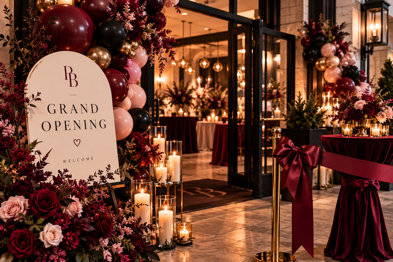 Elegant grand opening entrance decorated with burgundy and pink balloon arches, floral arrangements, candles, and a welcome sign