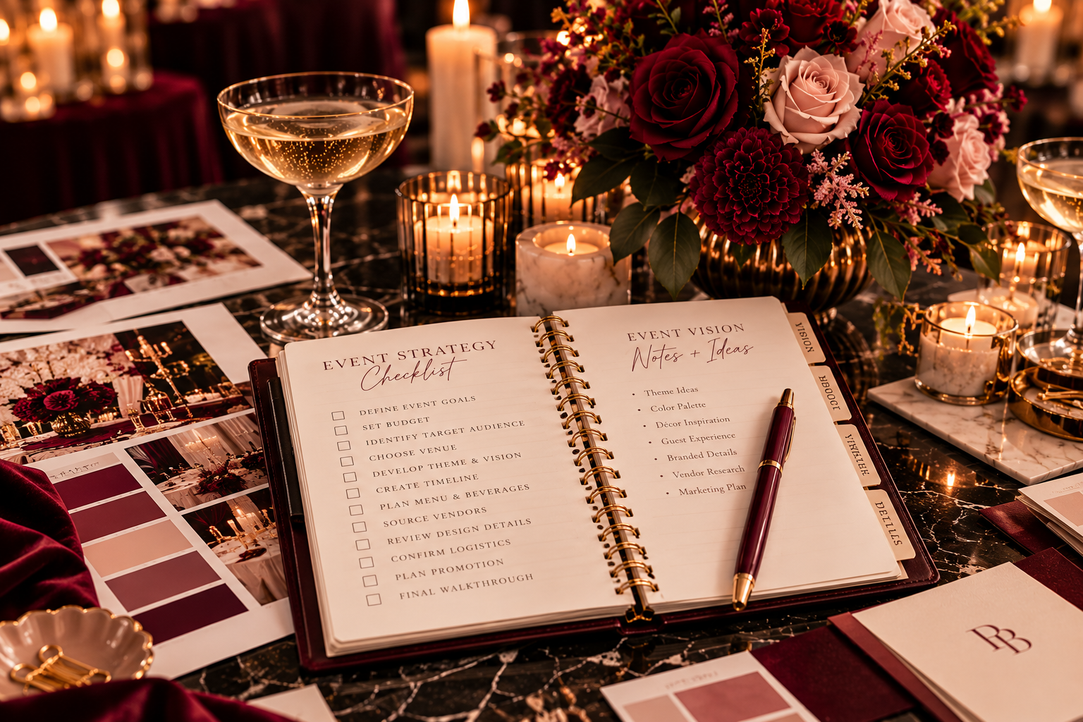 Elegant event planning setup with a checklist notebook, champagne coupe, candles, red and blush floral arrangement, and wedding mood boards