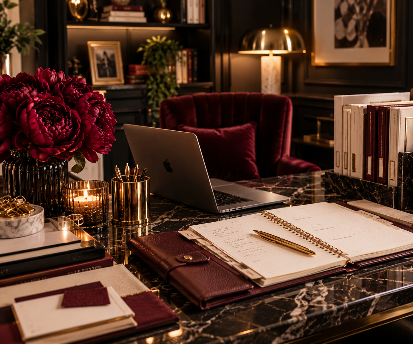 Elegant home office with a laptop, open planner, gold pen holder, candle, burgundy flowers, and velvet chair on a marble desk.