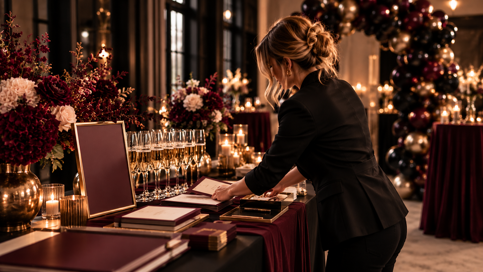 Woman arranging champagne glasses, menus, floral arrangements, and candles at an elegant burgundy-and-black holiday event.