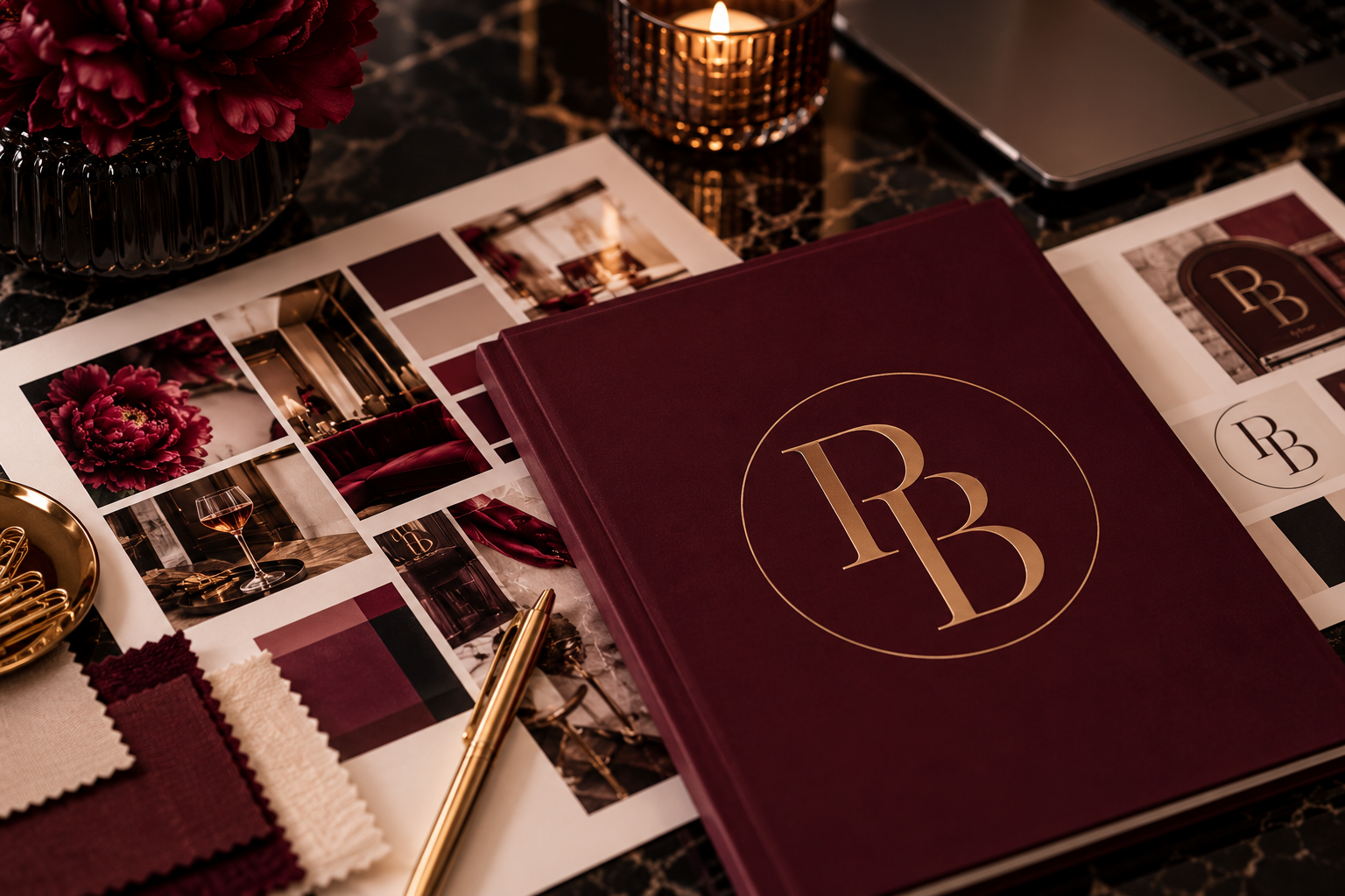 Luxury burgundy branding mood board with gold monogram notebook, fabric swatches, floral photography, candle, pen, and laptop on a marble desk
