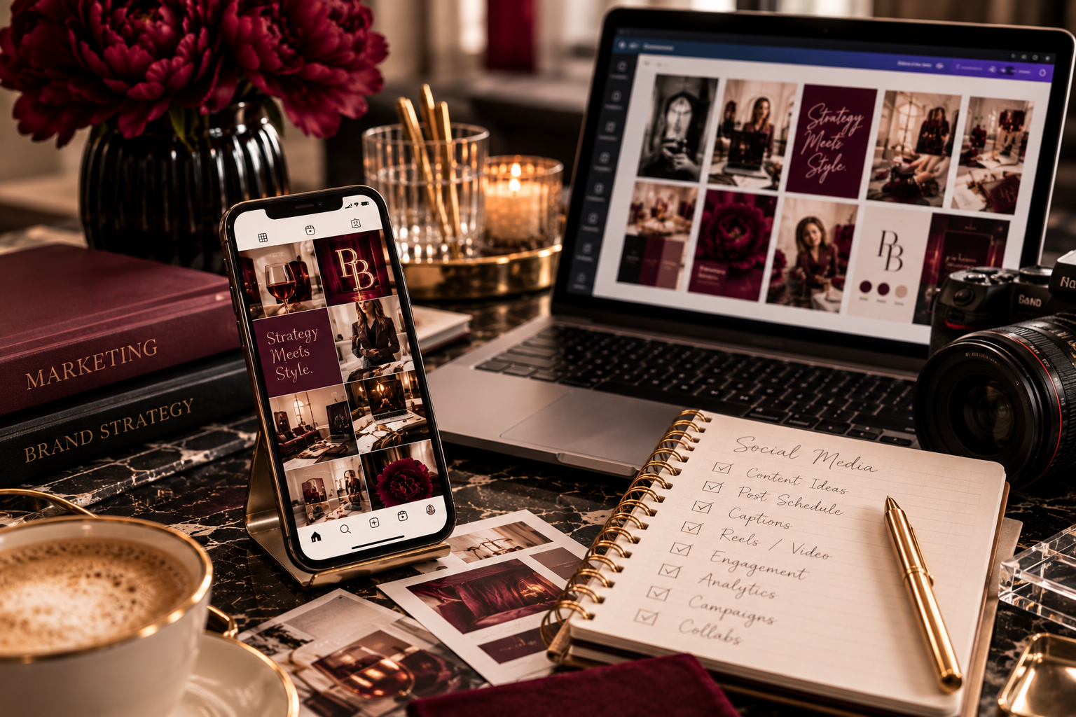 Luxury social media marketing workspace with phone and laptop displaying a burgundy brand mood board, content planner, camera, flowers, candles, and coffee