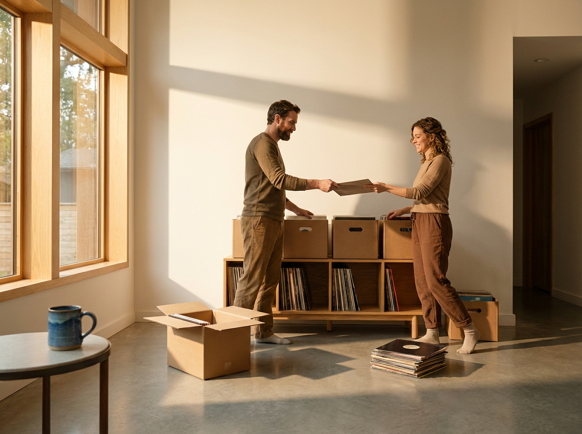 A man and woman are exchanging a record album in a sunlit room, surrounded by boxes and vinyl records, with large windows and natural light.