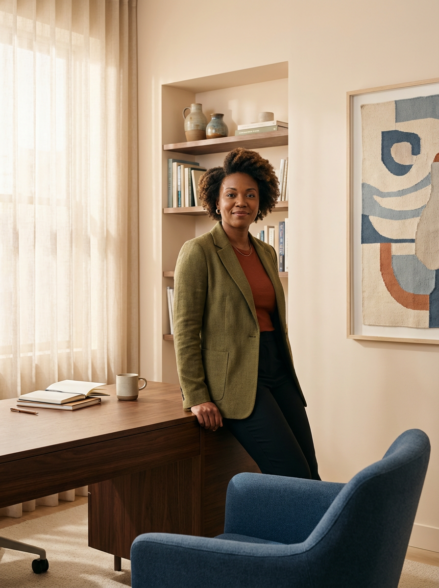 A woman with curly hair in a green blazer standing in a well-lit home office, next to a wooden desk with an open notebook, a mug, and a pen. There is a blue armchair in the foreground, a bookshelf with decorative pottery and books, and abstract artwork on the wall.