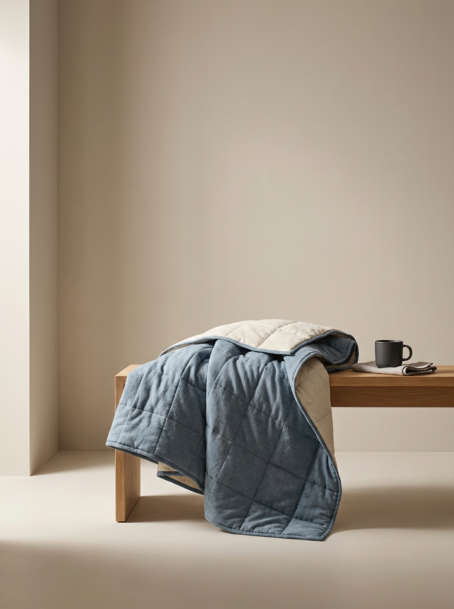 A wooden bench with a blue and beige quilt draped over it, a black mug, and a folded cloth on top, against a plain beige background.