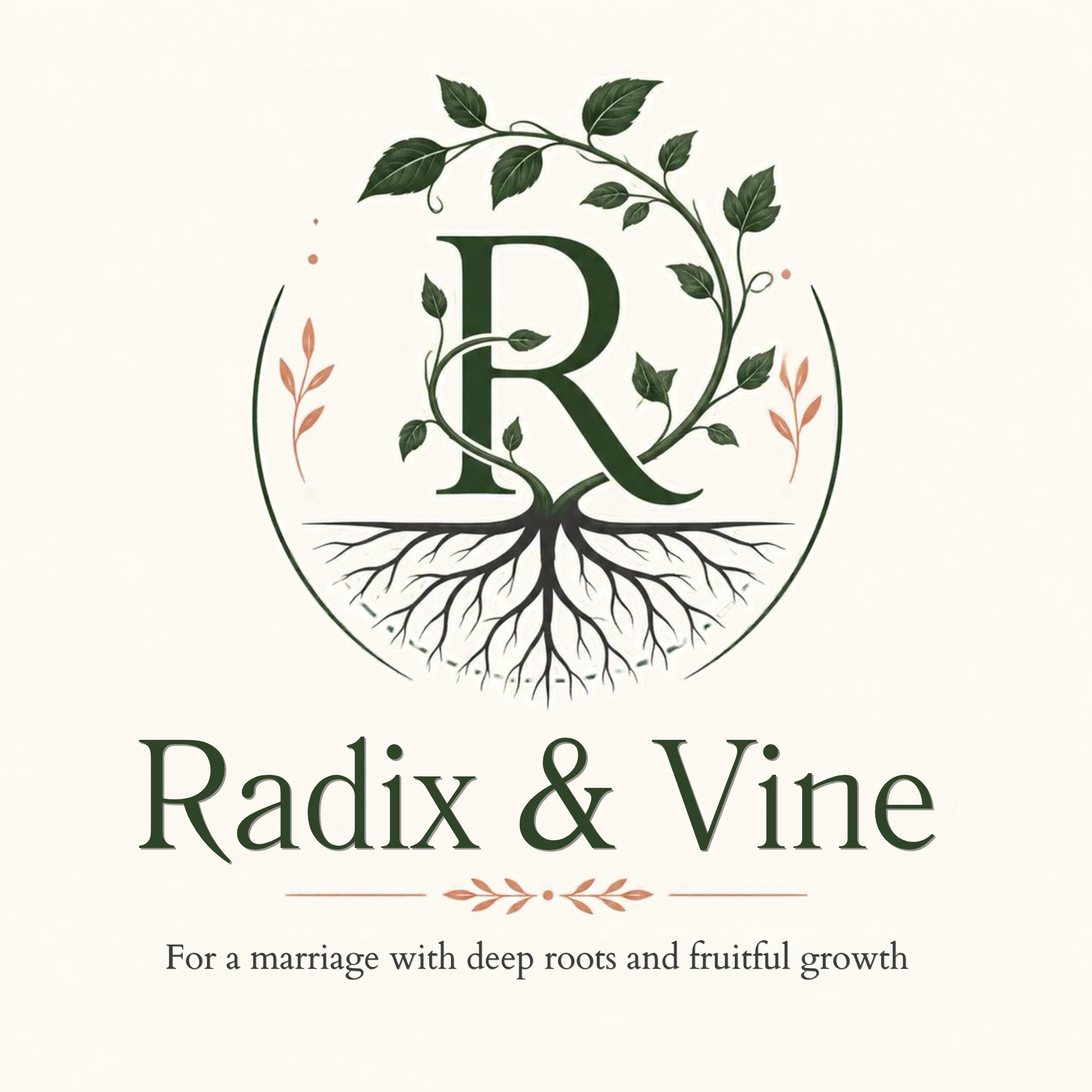 A decorative sign with a green monogram letter 'R' surrounded by illustrated green leaves and peach-colored accents. The sign promotes marriage with roots and growth, reading 'Pedigree & Vino'.
