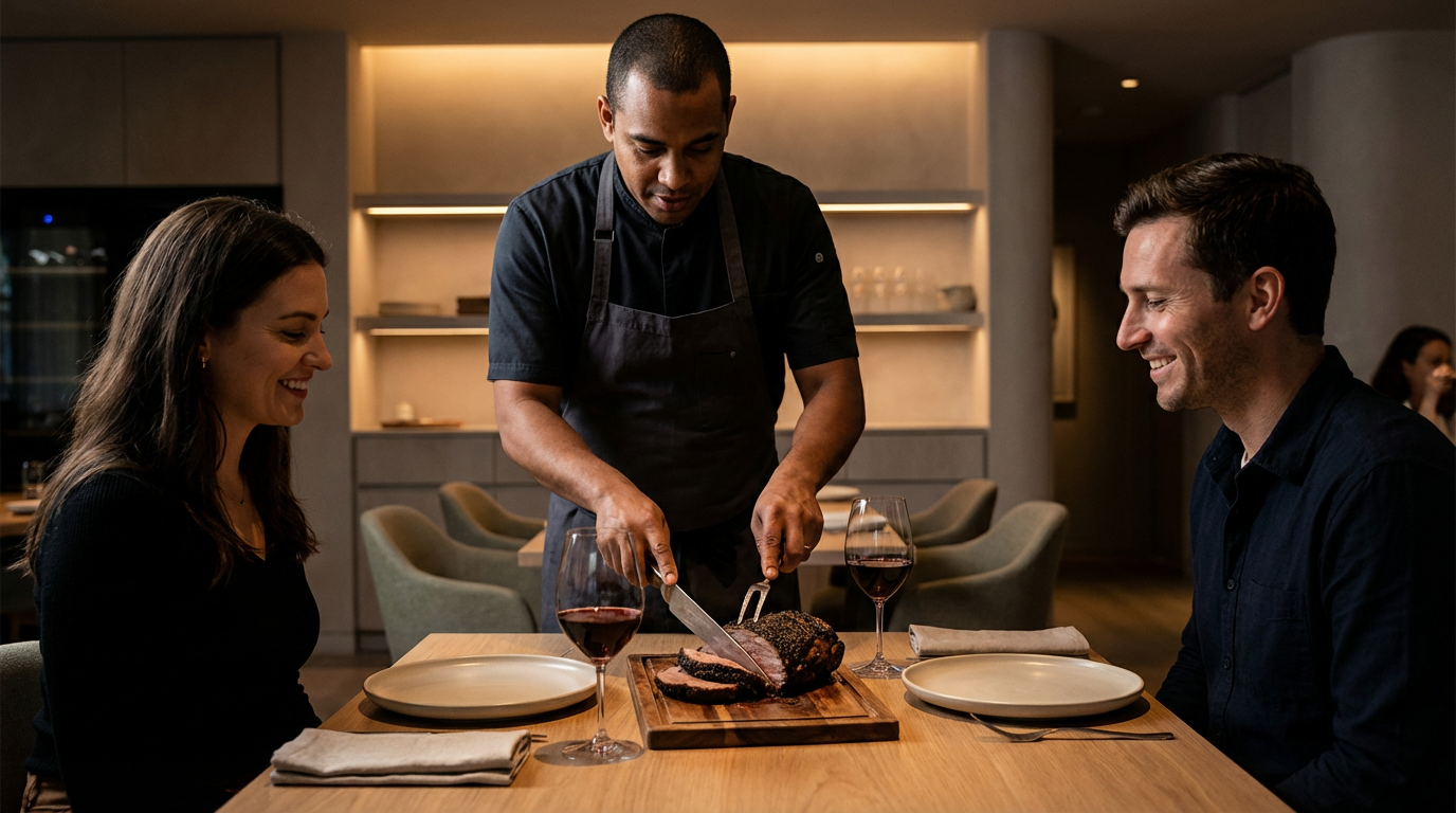 Chef slicing a pepper-crusted roast at a restaurant table as two diners watch, with red wine and plates nearby