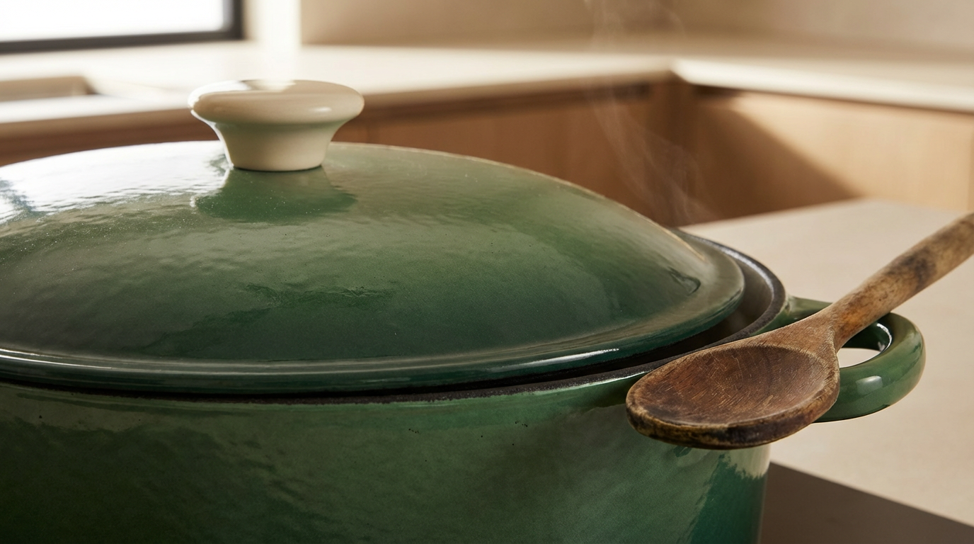 Green covered Dutch oven with a wooden spoon resting on its handle in a sunlit kitchen