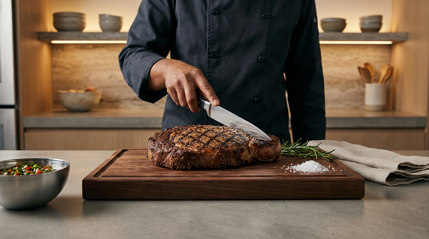 Chef slicing a grilled steak on a wooden cutting board with rosemary and coarse salt