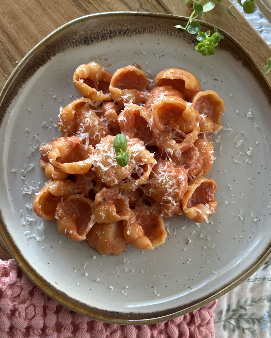 Orecchiette pasta with tomato sauce, grated Parmesan cheese, and fresh basil on a ceramic plate