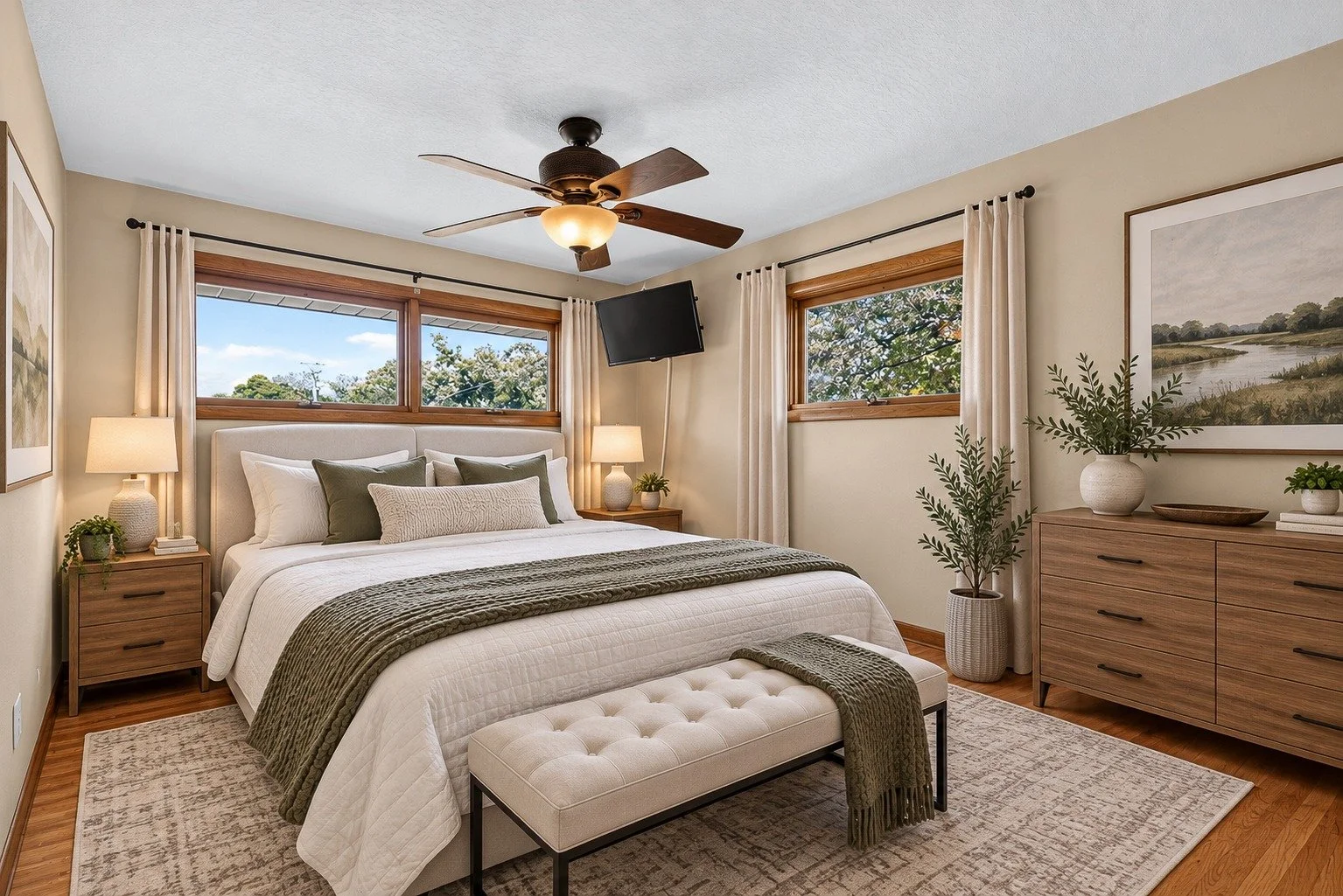 Virtually staged bedroom with upholstered bed, bench, dresser and plants
