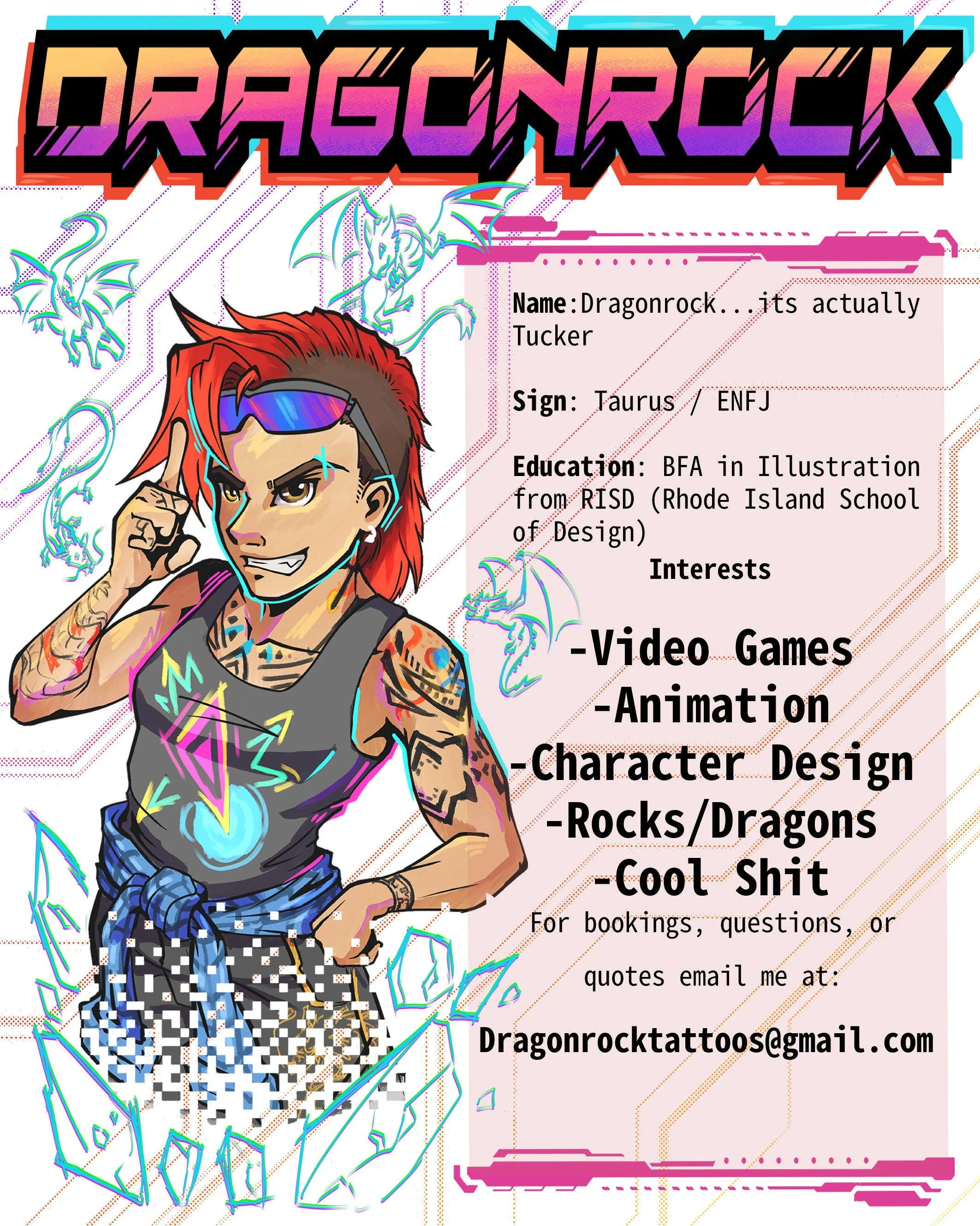An illustrated character with red hair, wearing sunglasses, a gray tank top with colorful geometric patterns, and a blue plaid shirt tied around the waist, surrounded by neon-colored dragons and technological elements. The image is a colorful, stylized promotional poster for a character named Dragonrock, highlighting interests like video games, animation, character design, and dragons or rocks, with contact information at the bottom.