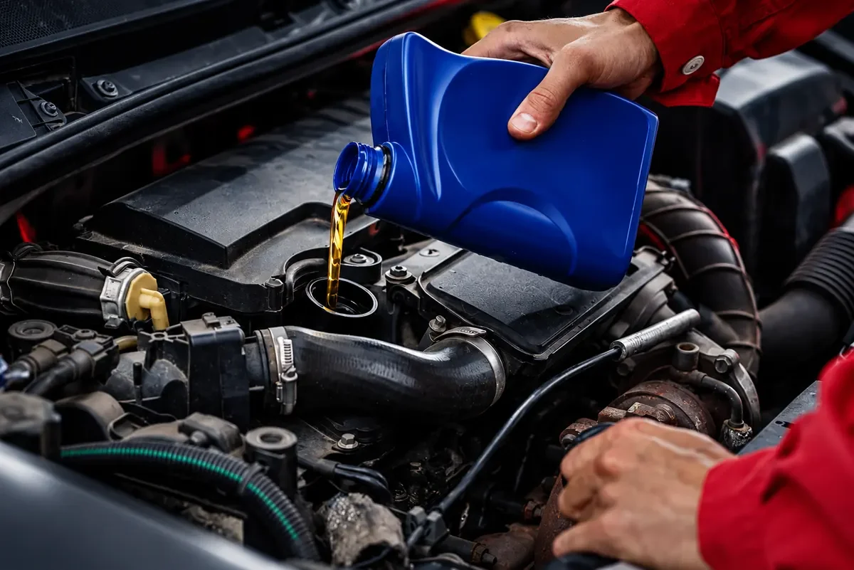 Person pouring engine oil into a car engine under the hood.