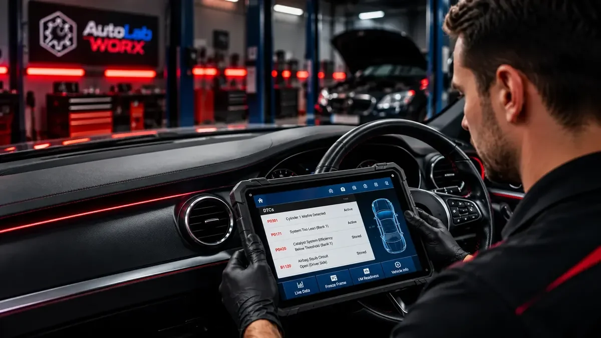 A mechanic inside a car at an auto repair shop using a diagnostic tablet. The shop has red and black lighting, with cars on lifts in the background. The tablet displays vehicle diagnostic information.