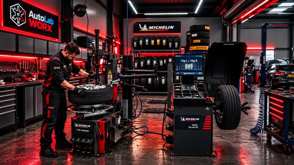 A mechanic working on a tire inside an automotive service center with Michelin branding, tire-changing equipment, and a digital wheel balancer visible.