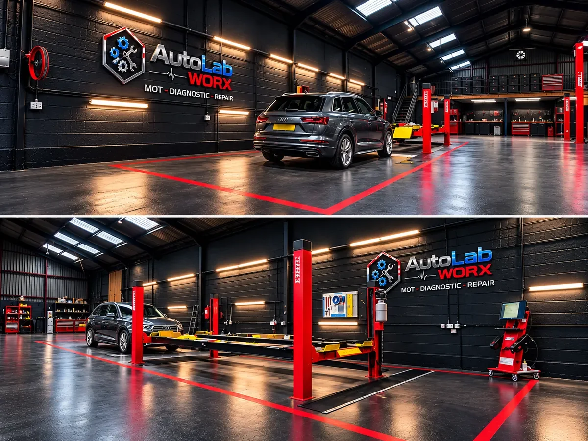A modern auto repair shop with a black interior, red accents, and a car positioned on a lift for maintenance. The shop features the AutoLab WORX logo, workstations, and diagnostic equipment.
