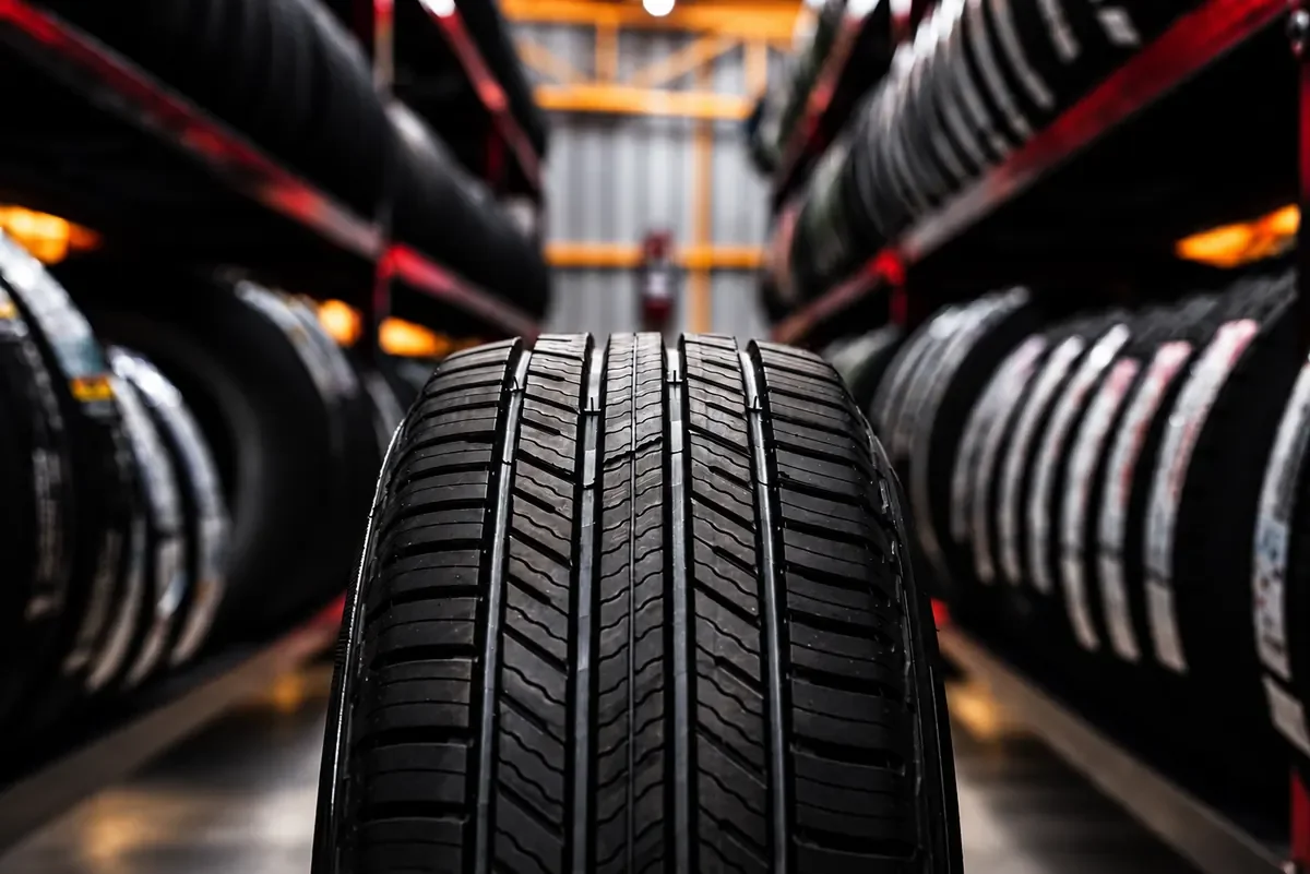 A tire in focus on display shelves at a tire store, with rows of tires on racks in the background.