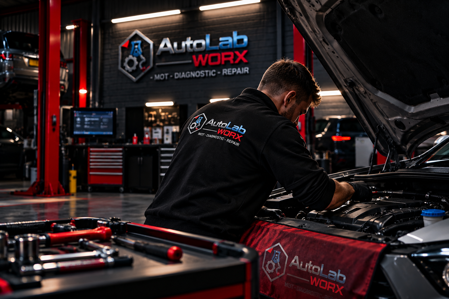 Mechanic working on a vehicle in automotive workshop