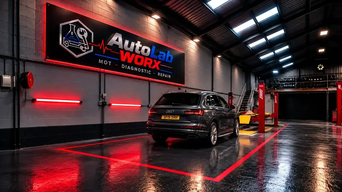 A black Audi SUV parked inside an auto repair garage with a sign reading AutoLab WORX, MOT, Diagnostic, Repair, on the wall.