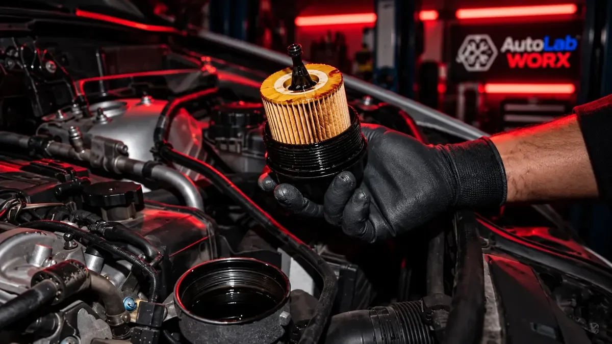 Mechanic wearing black gloves holds an oil filter with engine oil nearby, working on a car engine in auto repair shop with red lighting.