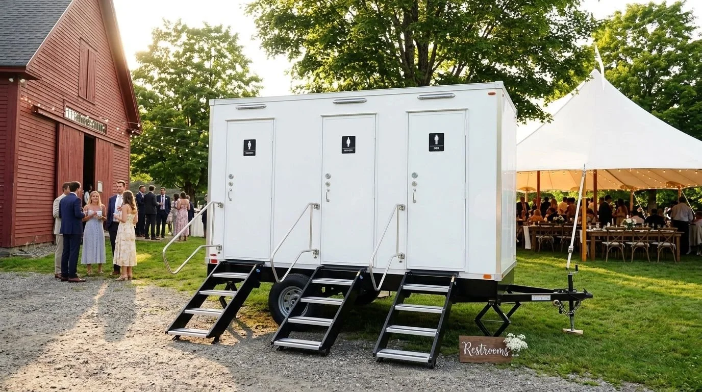 Portable restroom trailer at outdoor wedding reception with guests mingling and dining under a white tent, surrounded by green trees.