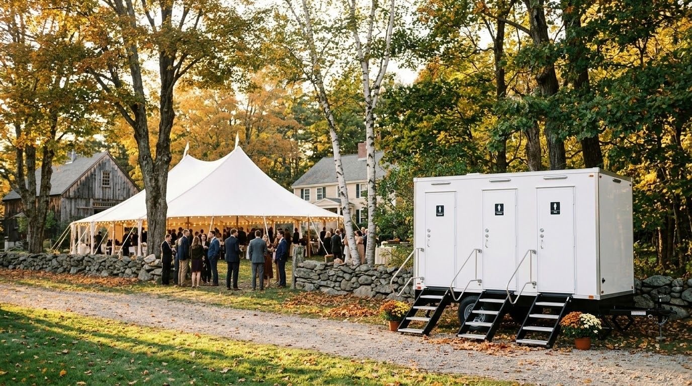 Guests gathering under a large white outdoor tent with string lights, set up in a wooded area with trees and a stone wall. There are women and men dressed formally, likely for a wedding or event. To the right, there is a portable restroom trailer with three doors and stairs.