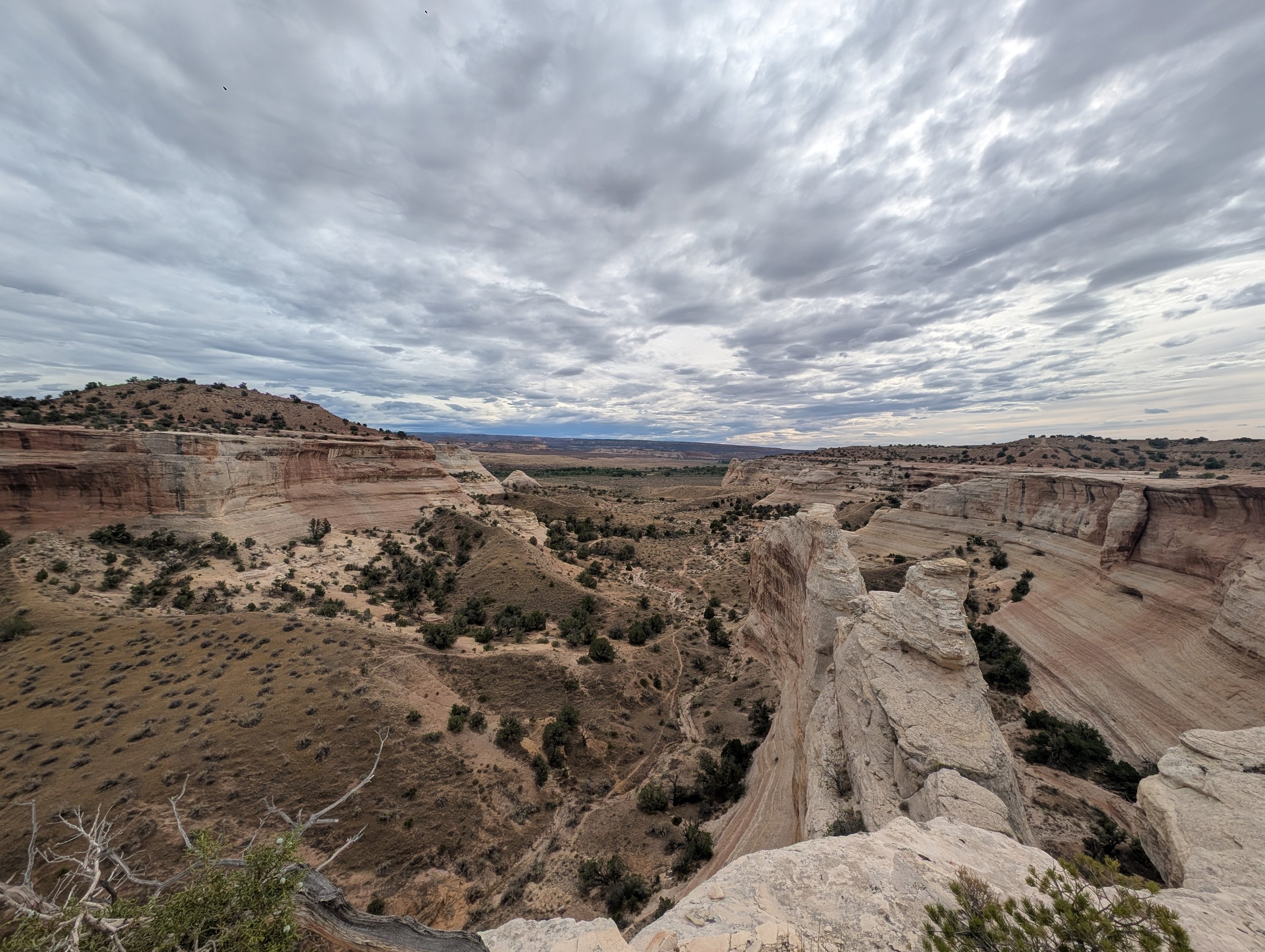 A vast canyon landscape with layered rock formations, sparse vegetation, and a vast overhead, classic Kokopelli Trail.
