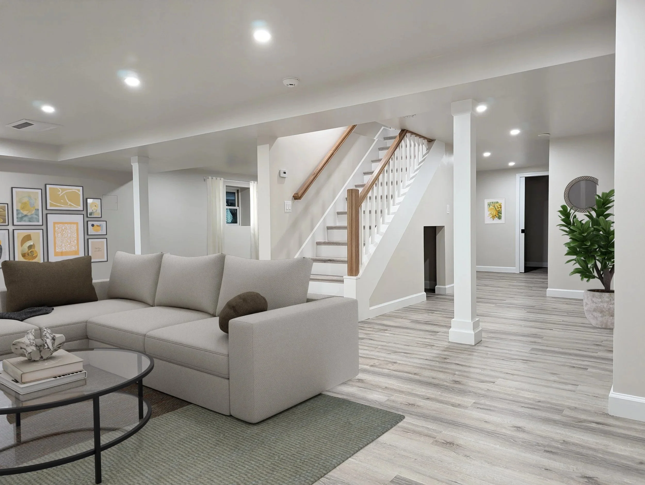 Bright modern living room with sectional sofa, glass coffee table, framed artwork, staircase, gray wood flooring, and potted plant