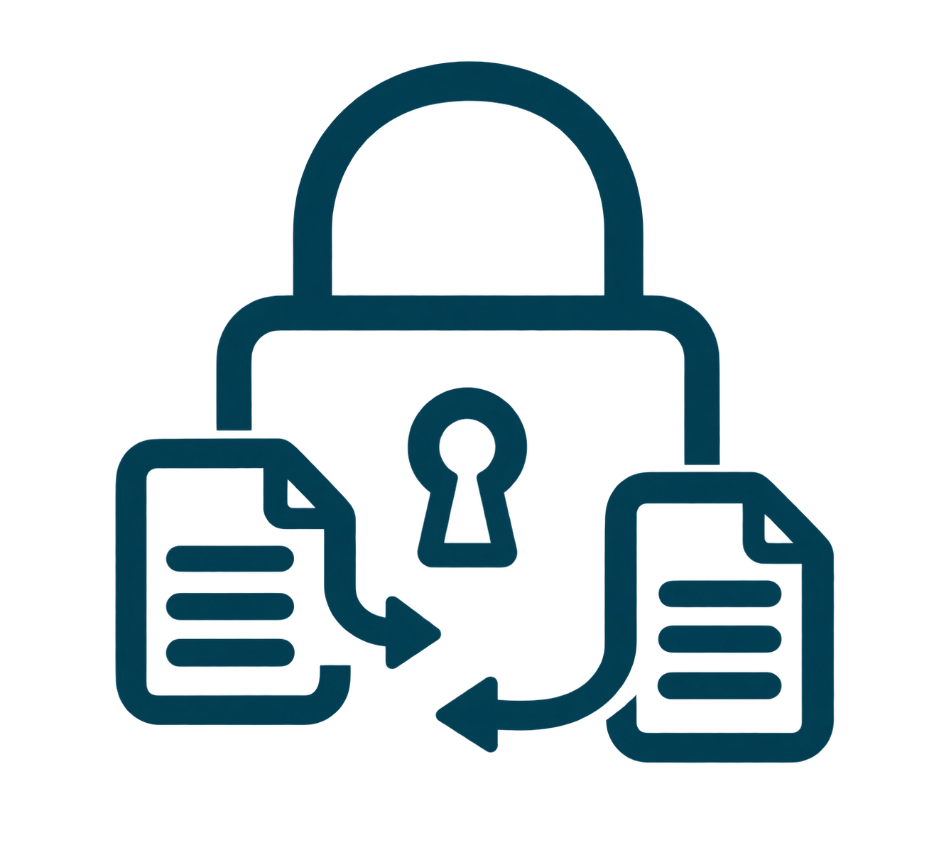 Icon of a lock with two documents and arrows, symbolizing data security and document protection.