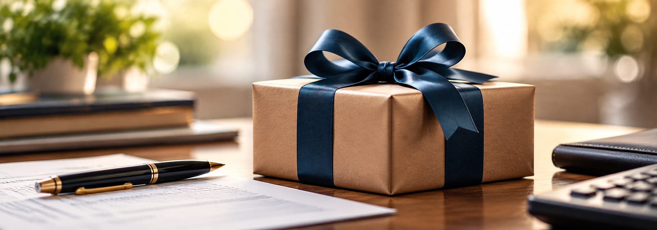 Wrapped gift box with navy ribbon on a desk surrounded by office supplies and a plant, with sunlight coming through a window.