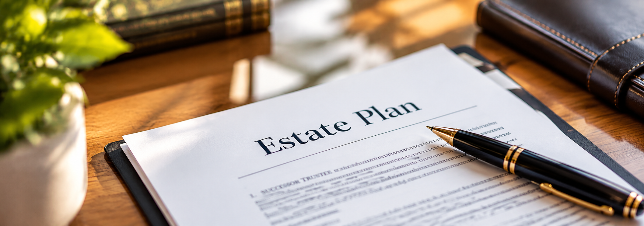 A document titled 'Estate Plan' with a black and gold pen resting on it, on a wooden desk, with a potted plant, a stack of books, and a leather wallet nearby.