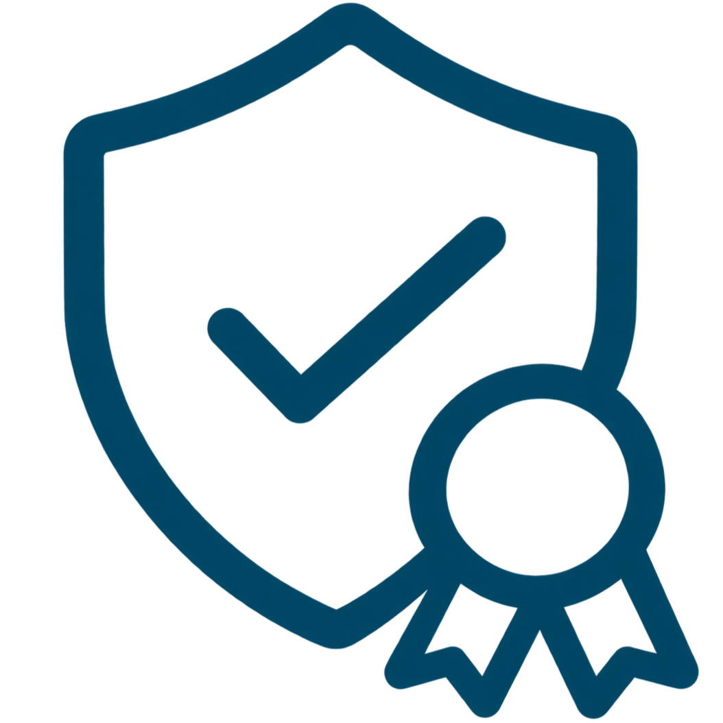 Shield with checkmark and a ribbon badge, symbolizing security and certification.