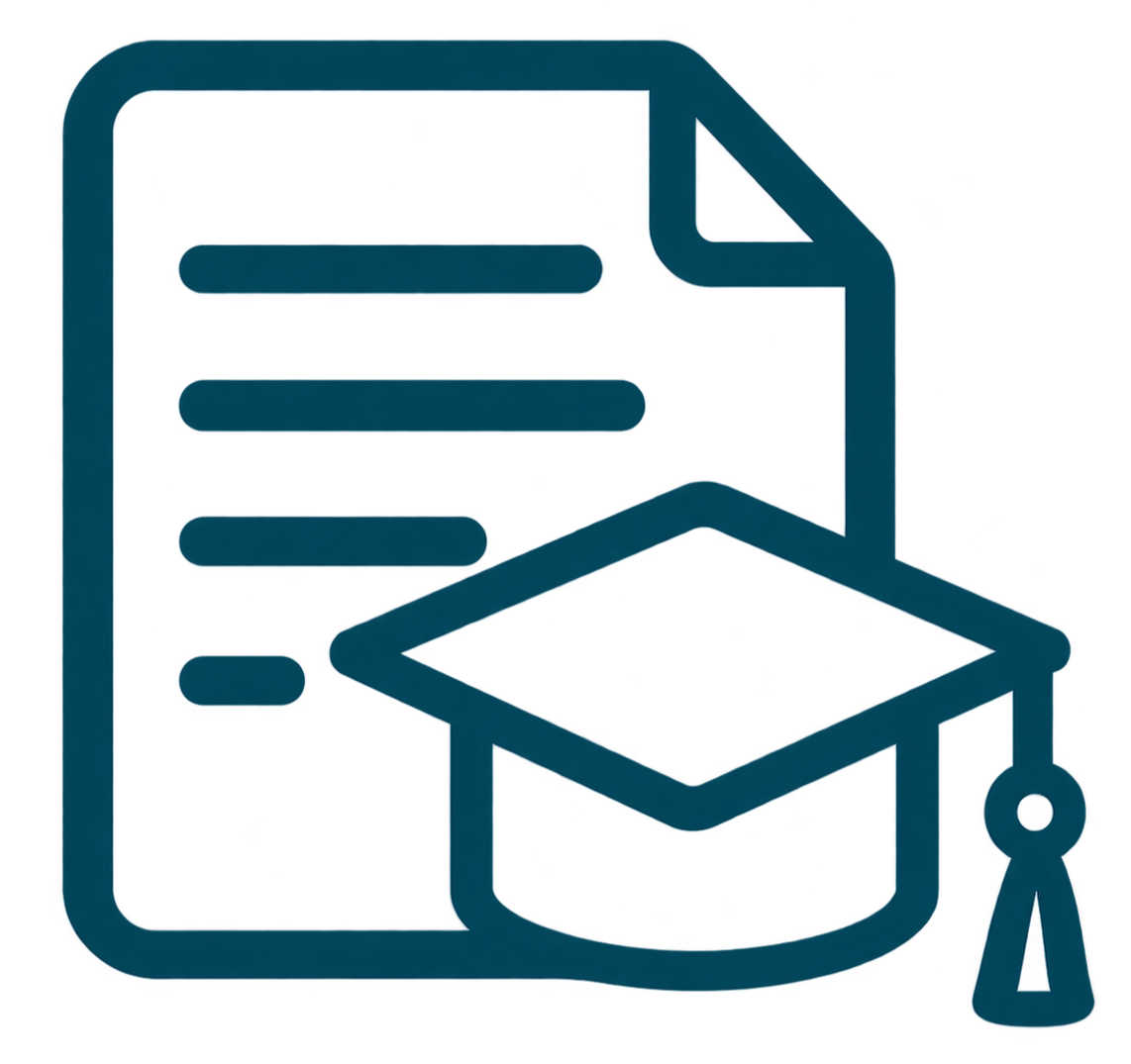 Icon representing education and learning, featuring a document with lines of text, a graduation cap, and a compass.
