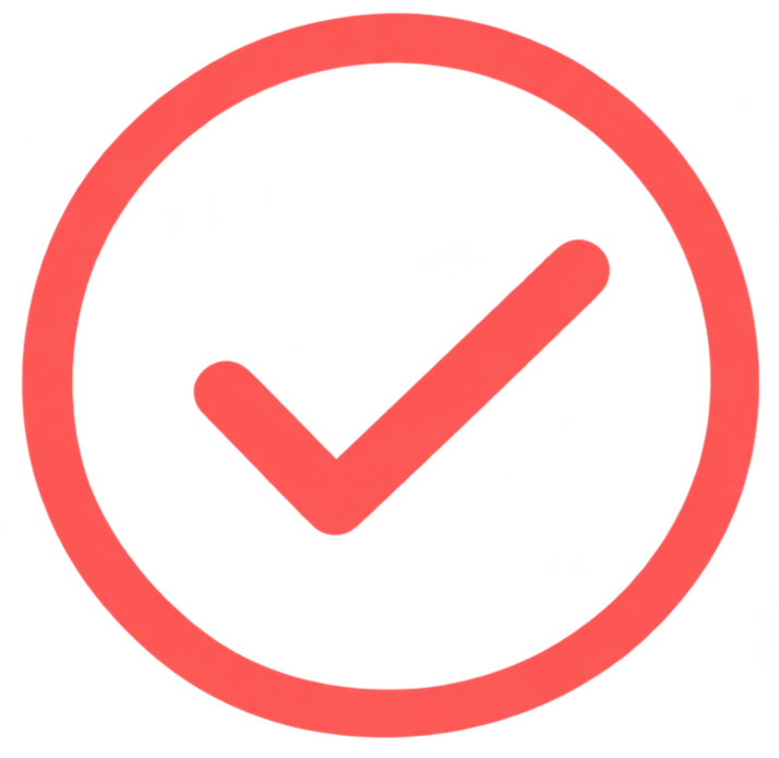 Red checkmark inside a red circular border.