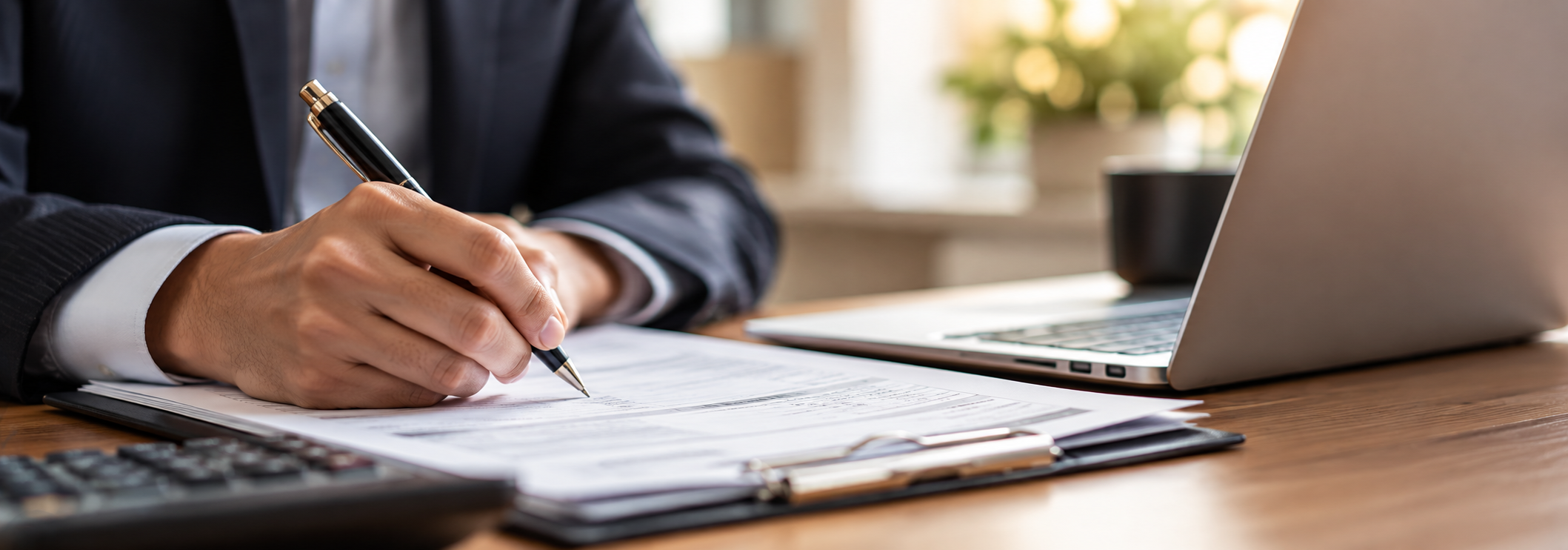 Person in a suit writing on documents at a desk with a laptop, calculator, and coffee cup nearby.