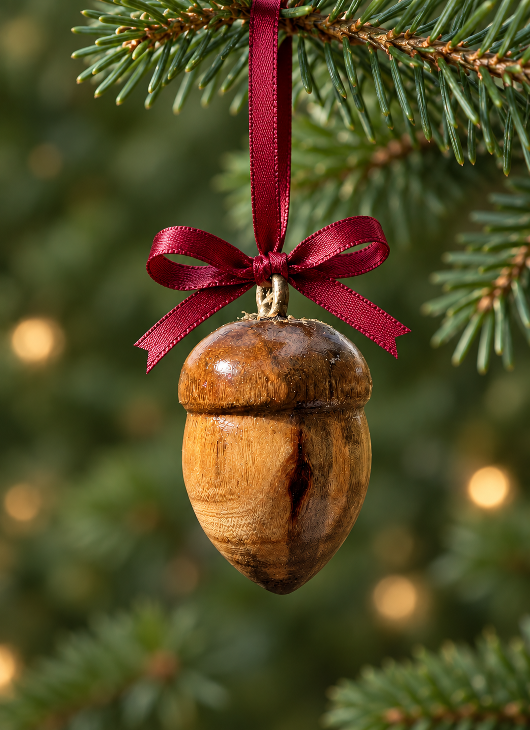 Bellota de madera con argolla y lazo rojo, colgada de una rama de abeto con luces de navidad al fondo.