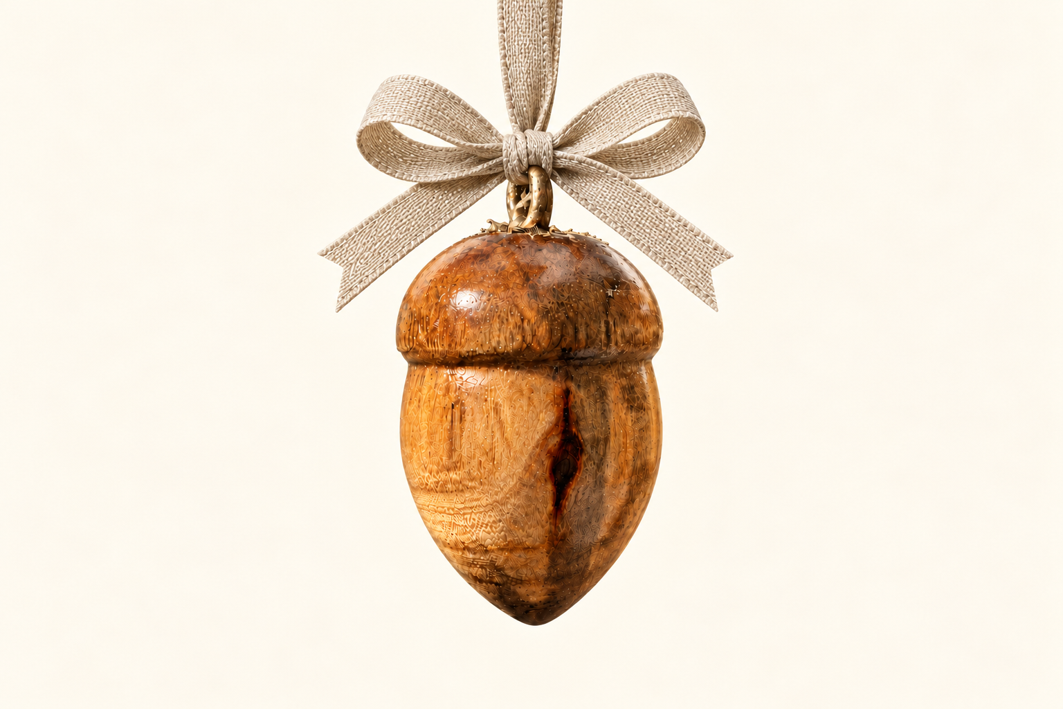 Bellota artesanal de madera con lazo de sobre fondo claro hecha con torno en madera, de Zambulerio.