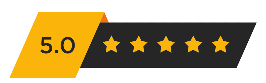 A five-star rating badge with a score of 5.0 displayed on a black and yellow ribbon background.