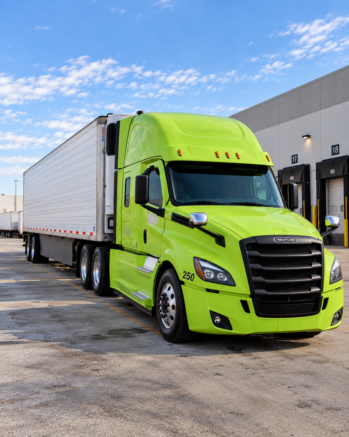Lime-green Freightliner Cascadia unit 250 with a white refrigerated trailer, parked beside warehouse loading docks.