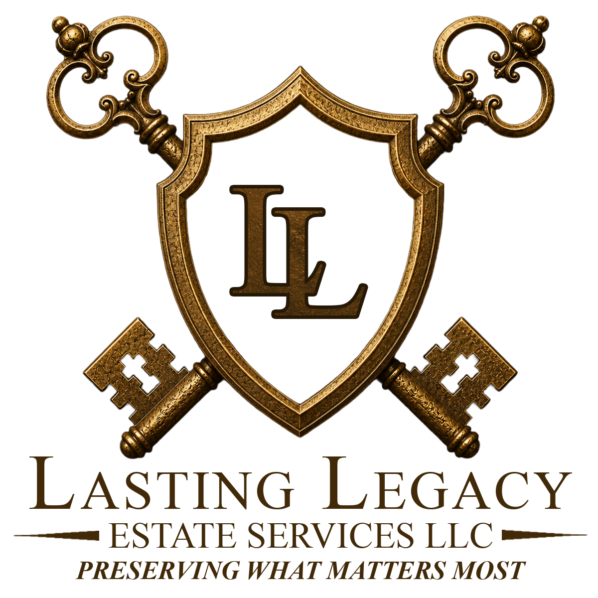 Lasting Legacy Estate Services, LLC logo featuring a gold shield with LL initials and two crossed gold keys.