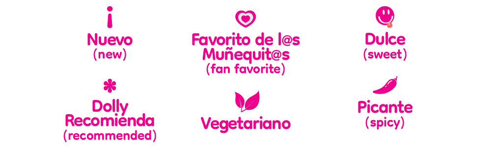 Etiquetas con diferentes sabores de muñequito en color rosa, incluyendo nuevo, favorito del fan, dulce, recomendada, vegetariana, picante y sucio.