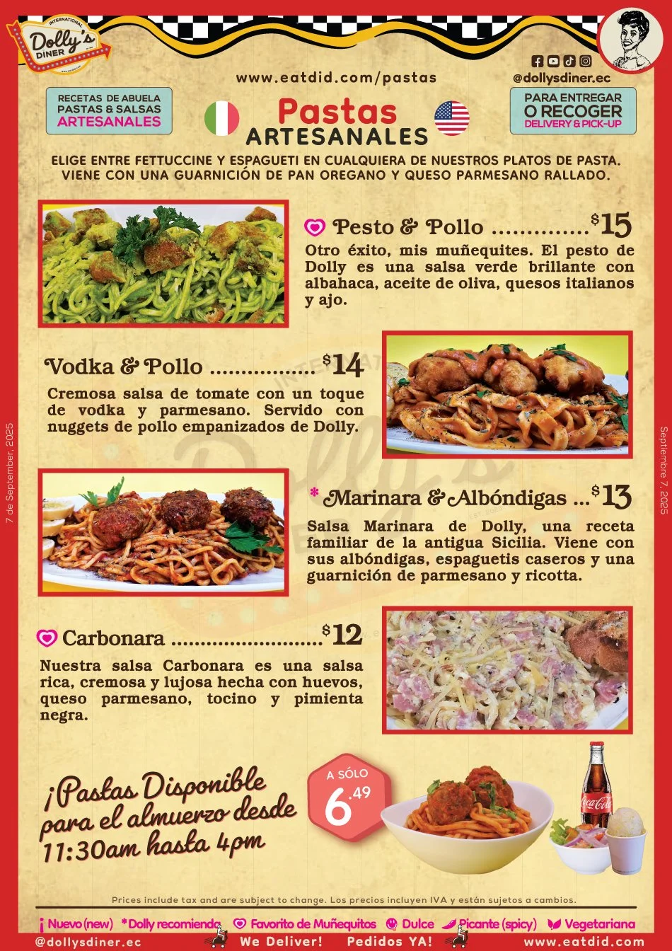 Menú con fotos de pastas artesanales, incluyendo pesto y pollo, vodka y pollo, marinara y albóndigas, y carbonara, con precios y descripción en español.