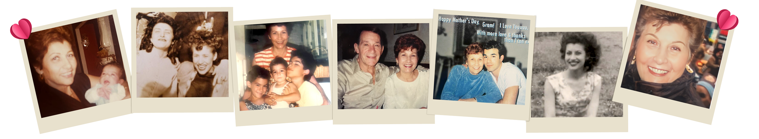 Collage de fotos antiguas en estilo de álbum, con varias personas en diferentes épocas y eventos, algunas en color y otras en blanco y negro, decoradas con corazones rosas.