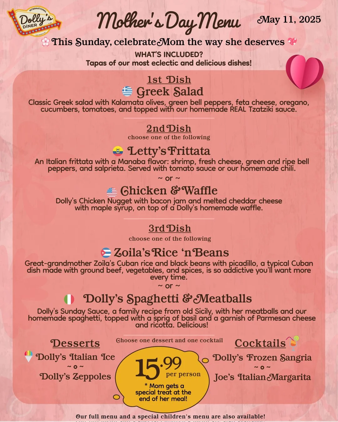 Dolly's Mother's Day Menu 2025