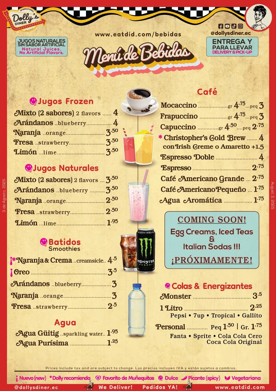 Menú de bebidas de Deli's Diner, con opciones de jugos naturales y frozen, variedad de cafés, batidos y agua, además de bebidas energizantes, y un anuncio para próximas ofertas de helados, tés helados y sodas italianas.