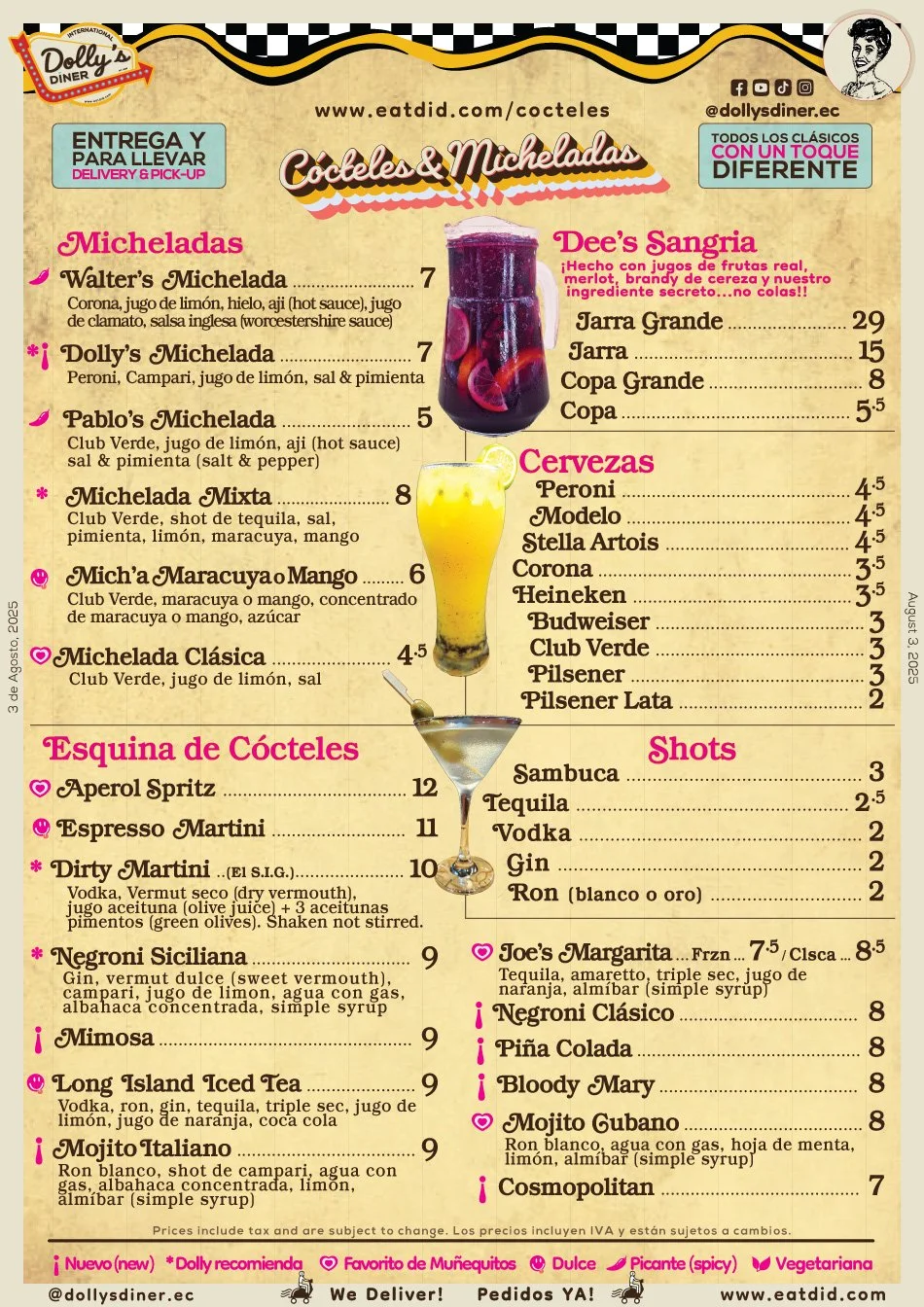 Menú de cócteles y bebidas en un restaurante, con diferentes categorías como Micheladas, Cervezas, Esquina de Cócteles y Shots, incluyendo nombres, descripciones y precios.